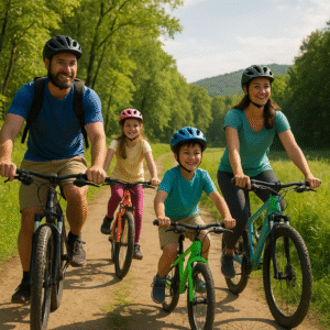 Family with two children cycling together on a sunny day on a forest path