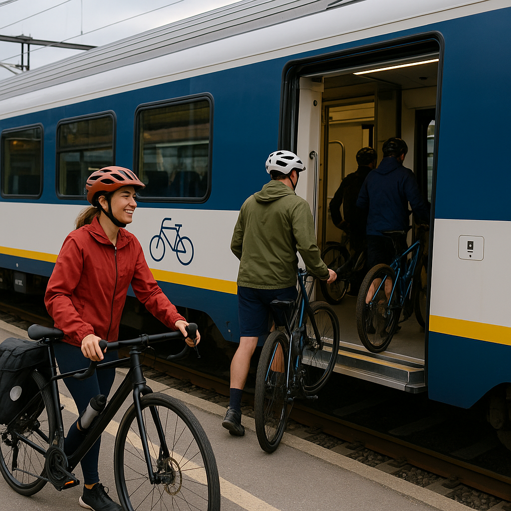 Cyclists board a modern train with their bicycles on a sunny day