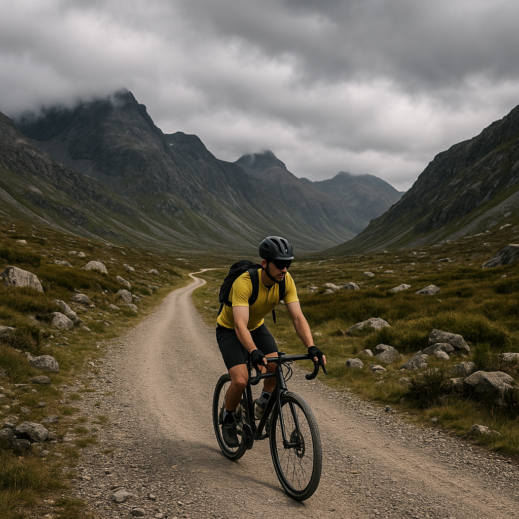 Cyclist riding on a gravel track through rugged mountains under an overcast sky