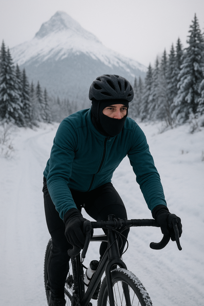 Cyclist wearing winter gear riding through a snow-covered forest road