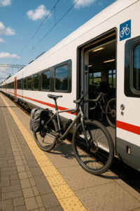 Modern train and bicycles at station
