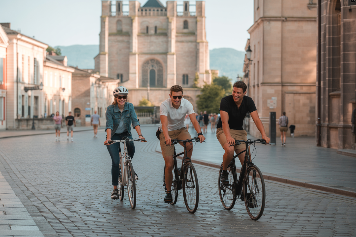 Cyclist exploring a medieval European village with cobblestone streets and historic architecture
