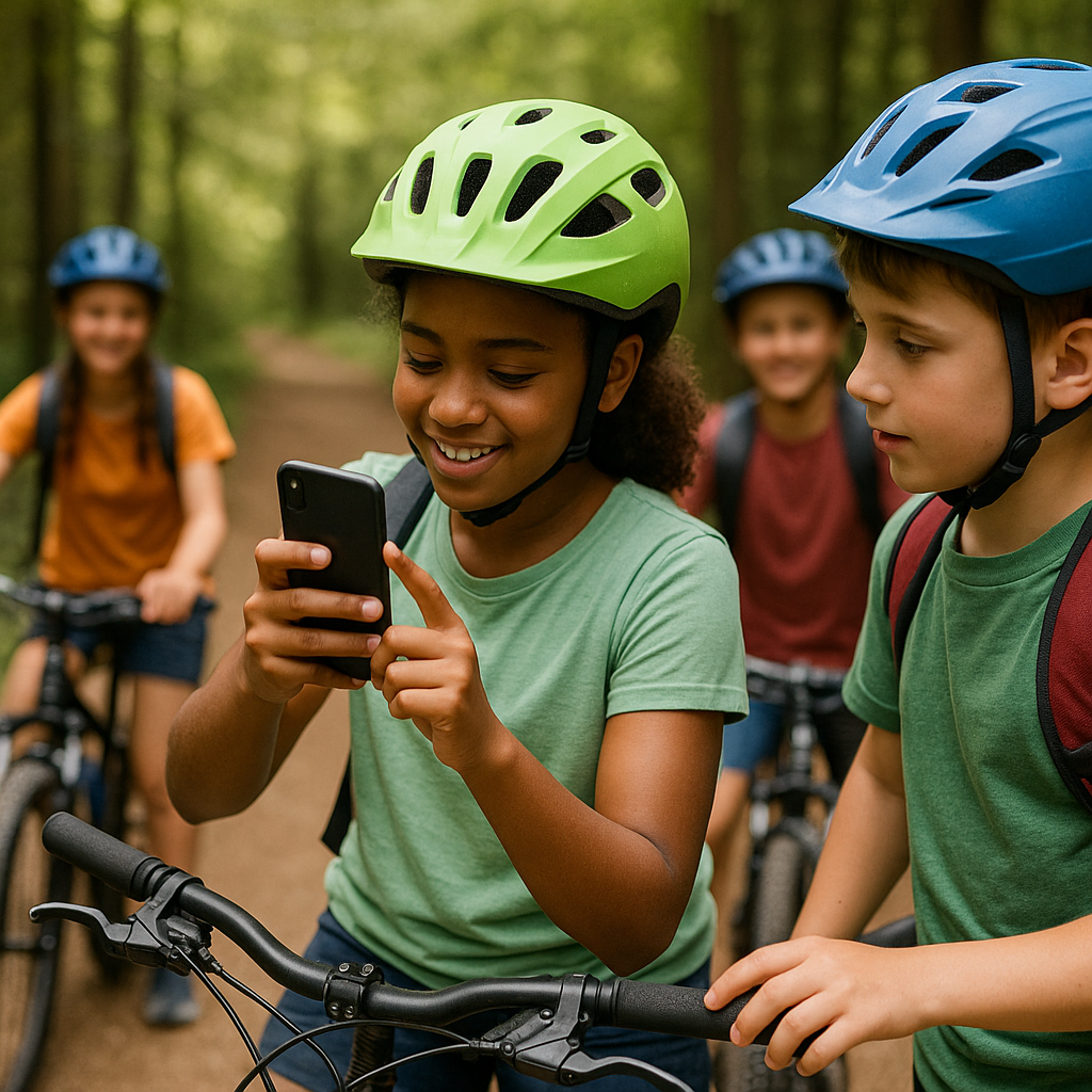 Children wearing bike helmets using a smartphone during a cycling adventure in the woods