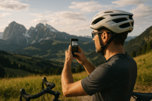 Cyclist taking a photo of mountain scenery during sunset