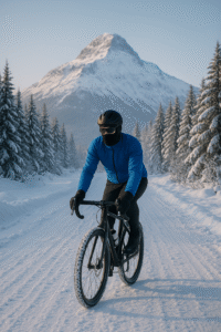 Cyclist wearing winter gear riding through a snowy mountain landscape under sunlight