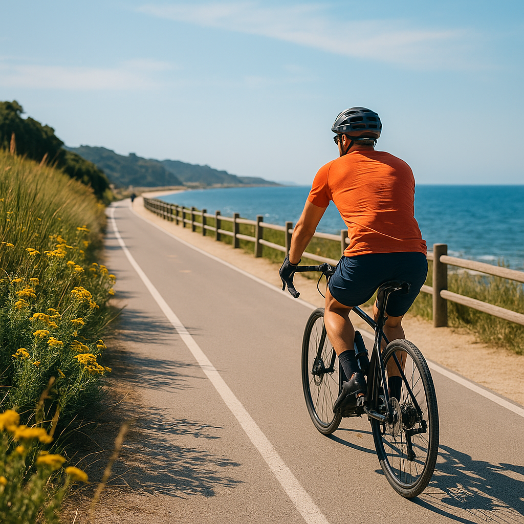 Cyclist riding on a coastal path with sea views and blue sky